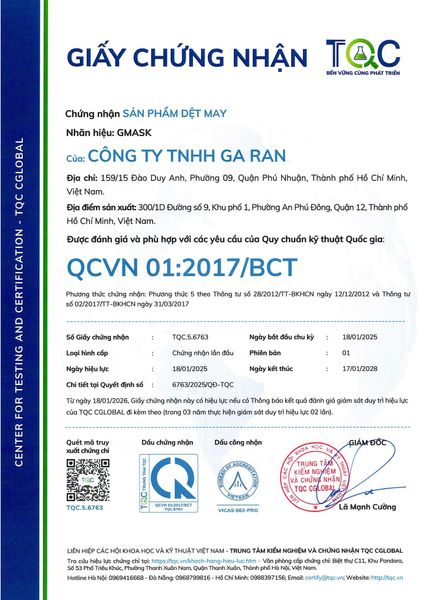 Hình ảnh sản phẩm giấy chứng nhận chất lượng khẩu trang gmask