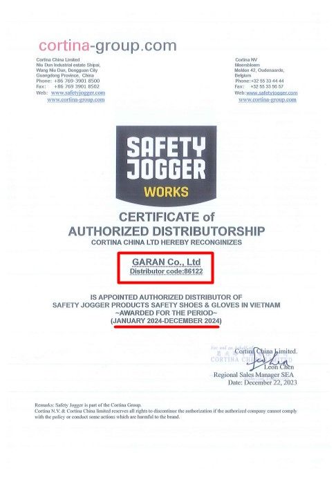 giấy chứng nhận GA RAN là đại lý cấp 1 của Safety Jogger năm 2024