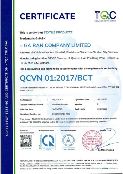 Hình ảnh sản phẩm giấy chứng nhận chất lượng khẩu trang gmask