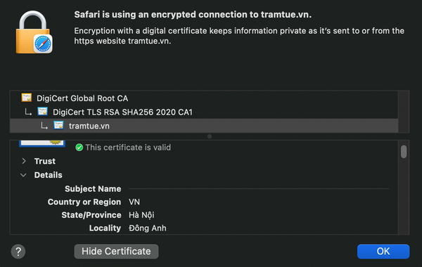 chứng chỉ SSL Digicert cấp cho Trầm Tuệ