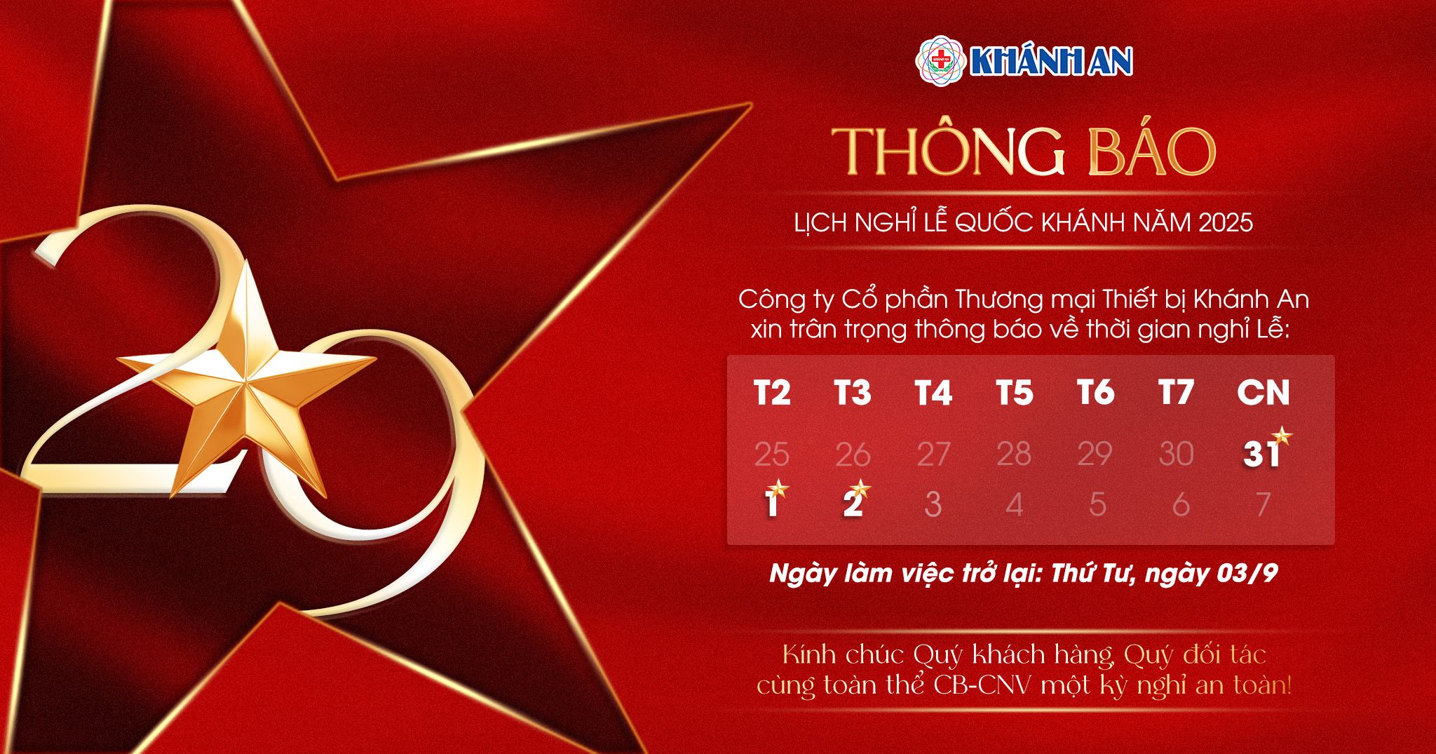 Khẩu trang Khánh An thông báo nghỉ Lễ Quốc Khánh 2/9 năm 2025