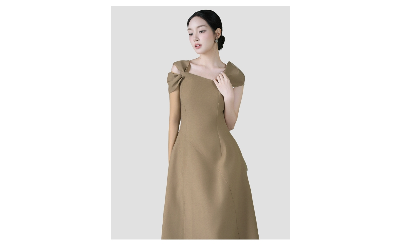 Đầm xòe A công sở dài lệch vai D4438A - Ảnh sản phẩm