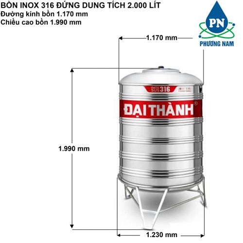 Bồn Nước Inox 2000L SUS 316 Đại Thành Đứng - Phương Nam Water 1