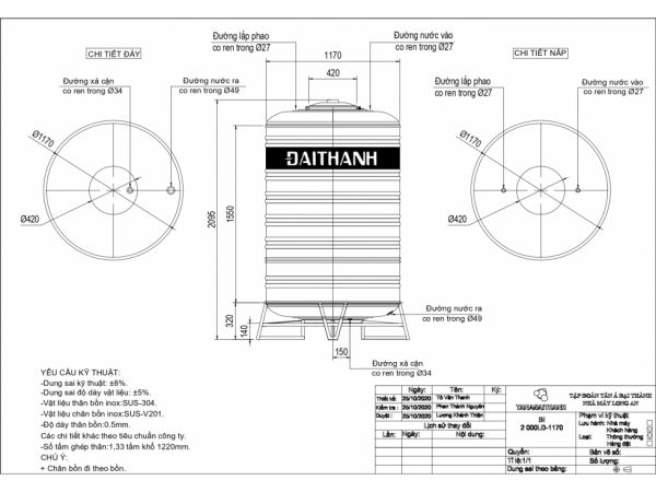 Bồn Nước Inox 2000L SUS 316 Đại Thành Đứng - Phương Nam Water 2