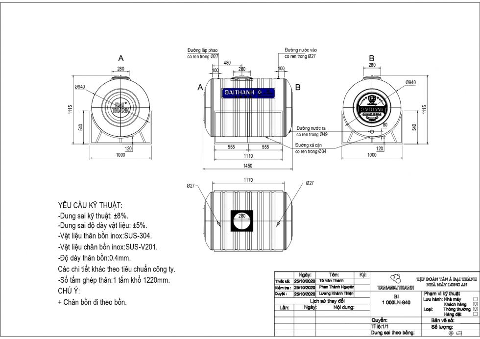 Bồn Nước Inox Ngang 1000L - Phương Nam Water 1