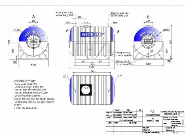 Bồn Nước Inox Ngang 3000L - Phương Nam Water 1