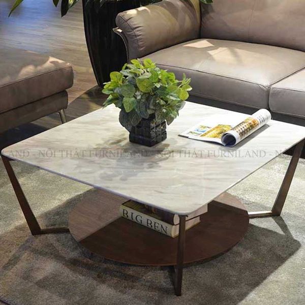 Mẫu bàn sofa hình vuông mặt đá Marble chân kim loại, kết hợp với gỗ