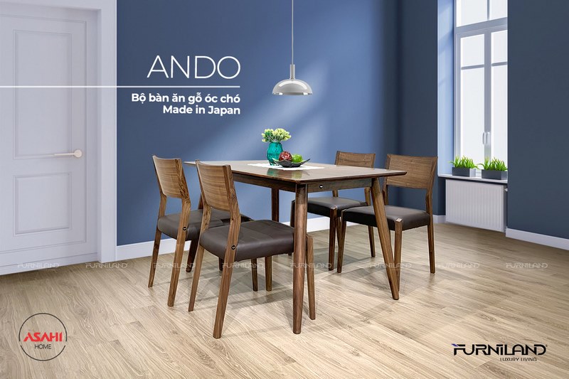 ANDO - Bộ bàn ăn 4 ghế kích thước 1m2 phù hợp cho nhà nhỏ