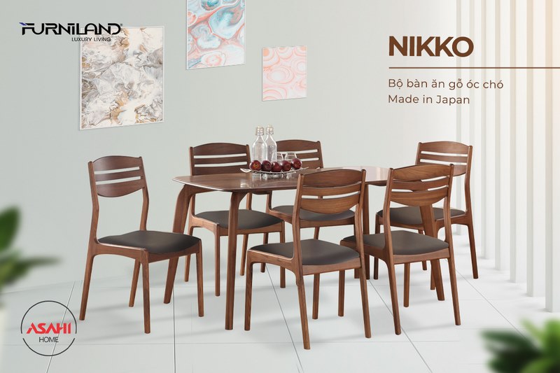 Bộ bàn ăn gỗ óc chó Nikko với thiết kế mềm mại, bo tròn các góc