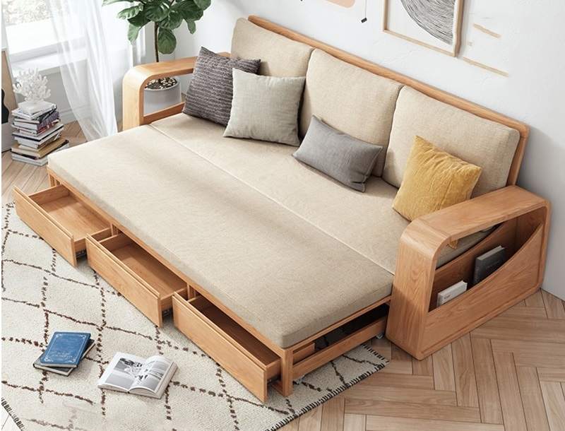 Bộ sofa giường gỗ kích thước rộng, 2 người nằm thoải mái
