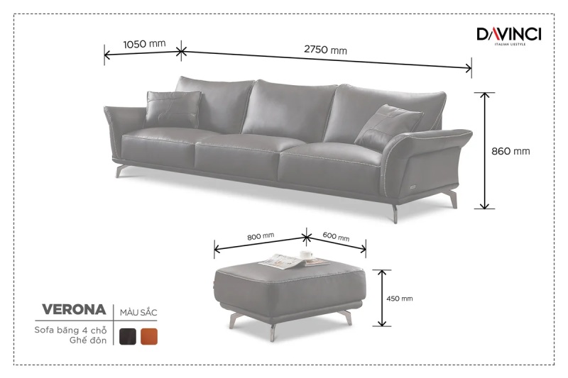 Kích thước cụ thể của sản phẩm sofa Verona