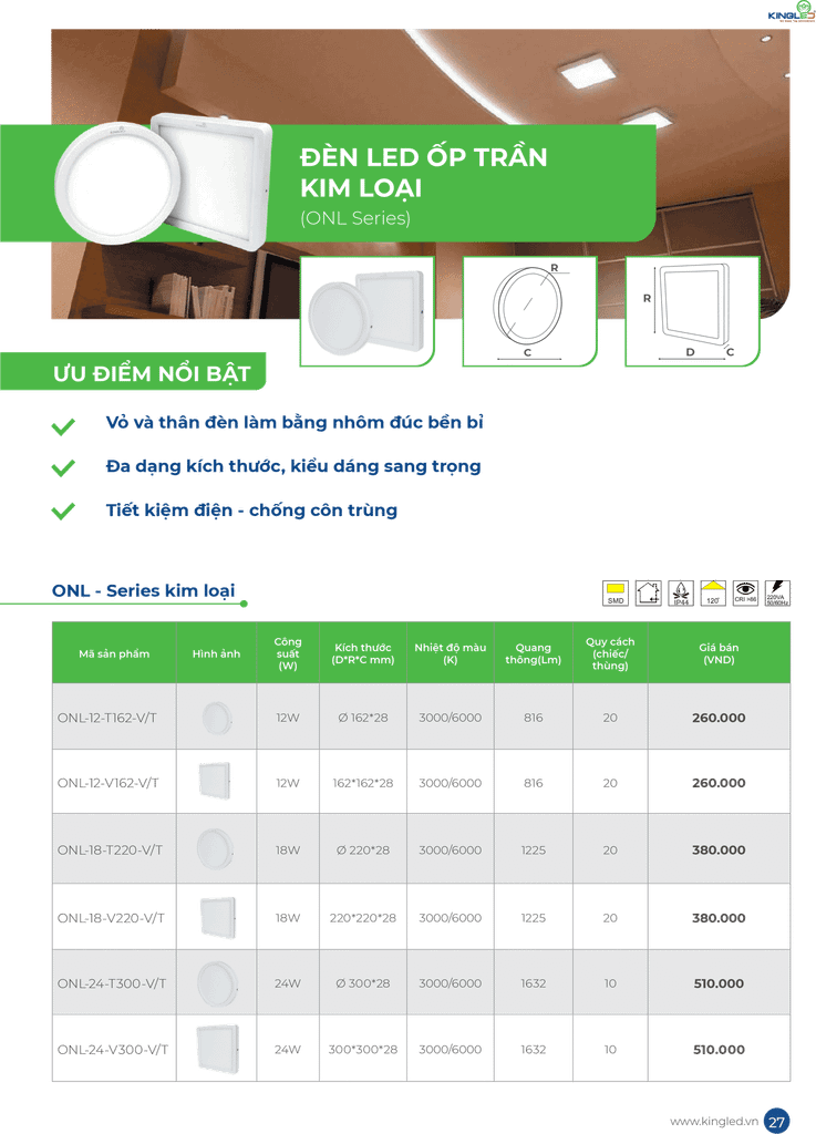 Đèn led ốp trần kingled