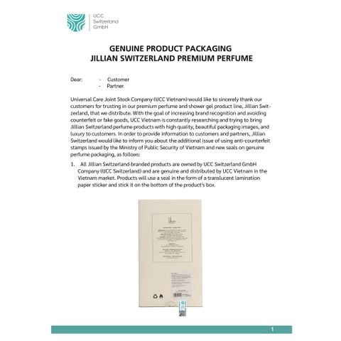 GENUINE PRODUCT PACKAGING JILLIAN SWITZERLAND PREMIUM PERFUME