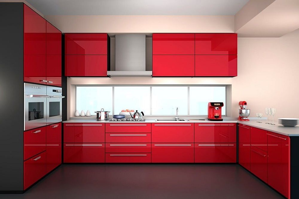 Tủ bếp nhựa acrylic hình chữ U màu đỏ