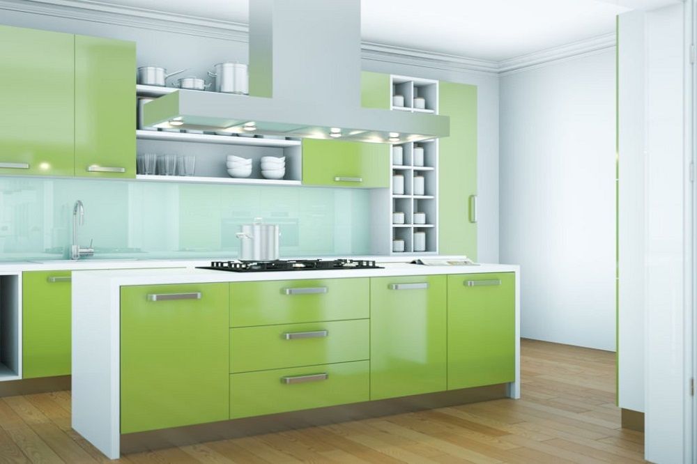 Tủ bếp nhựa acrylic dạng đảo màu xanh lá