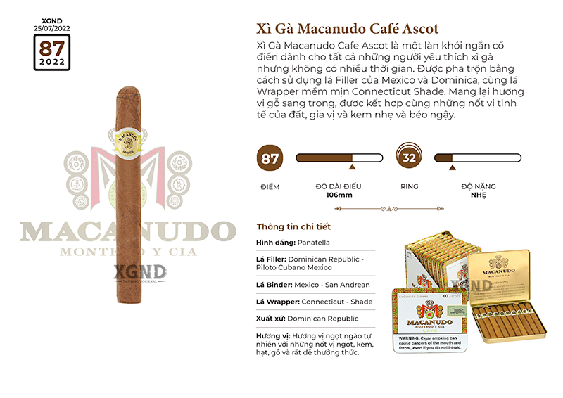Cigar Macanudo Café Ascot - Xì Gà Chính Hãng - Hộp 10 Điếu