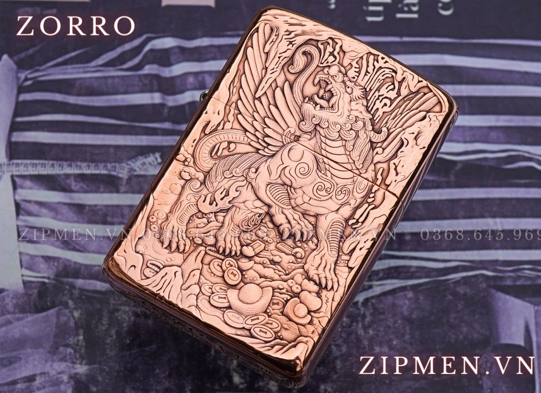 Bật lửa Zorro super copper chủ đề kỳ lân khắc nổi 3D