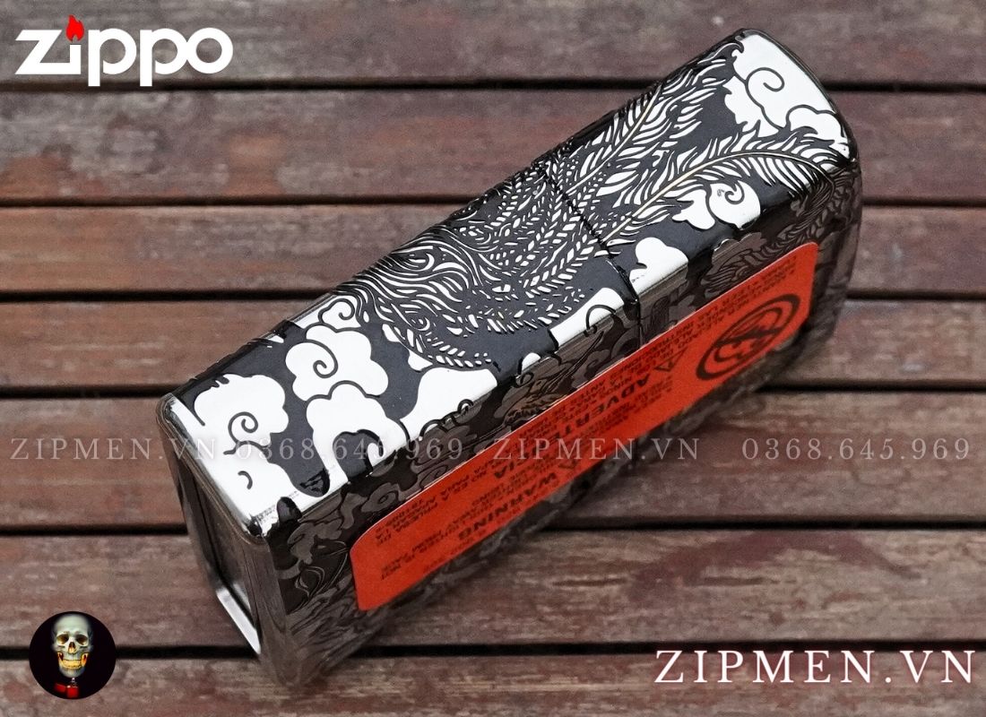 Bật lửa zippo xuất Nhật bọc thép trắng chủ đề chim phượng hoàng