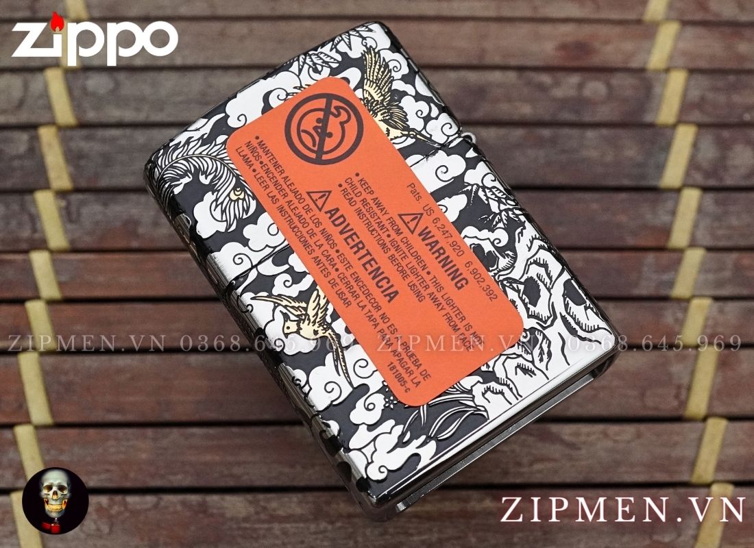 Bật lửa zippo xuất Nhật bọc thép trắng chủ đề chim phượng hoàng