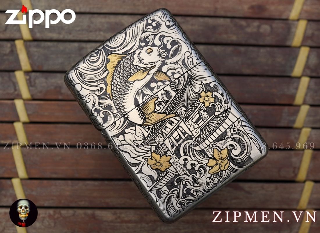 bật lửa zippo cá chép vượt ngũ môn bọc thép xuất Nhật