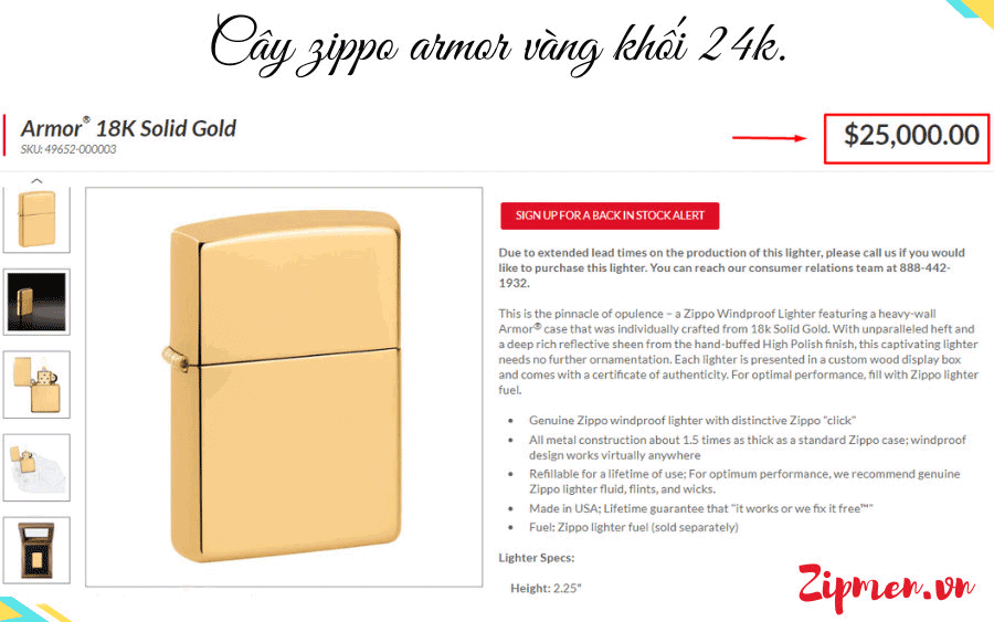 Giá chiếc bật lửa zippo vàng khối đắt nhất thế giới