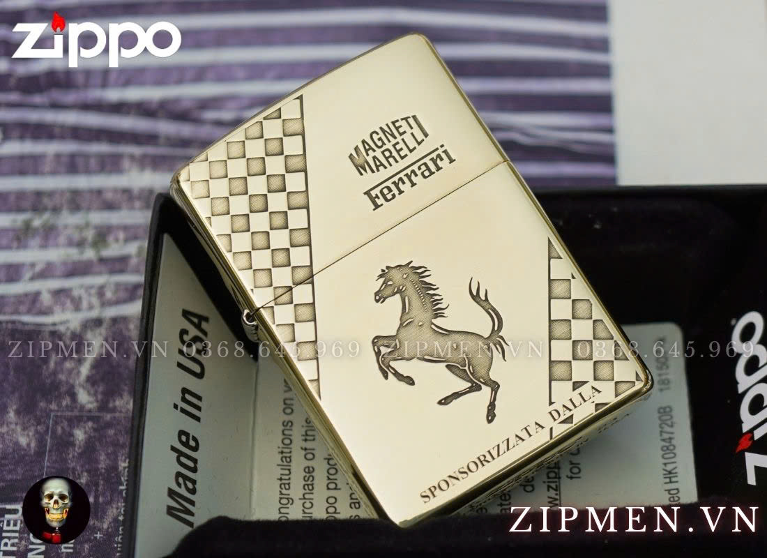 Hộp quẹt zippo usa chính hãng logo Ferrari