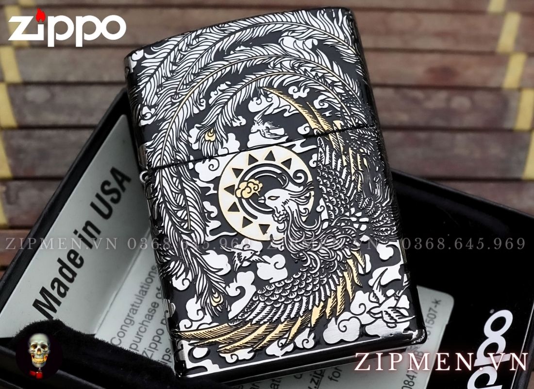 Bật lửa zippo xuất Nhật bọc thép trắng chủ đề chim phượng hoàng