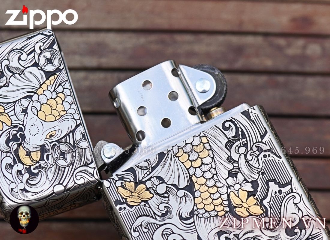 Bật lửa zippo cao cấp xuất Nhật bản bọc thép trắng chủ đề cá chép daruma