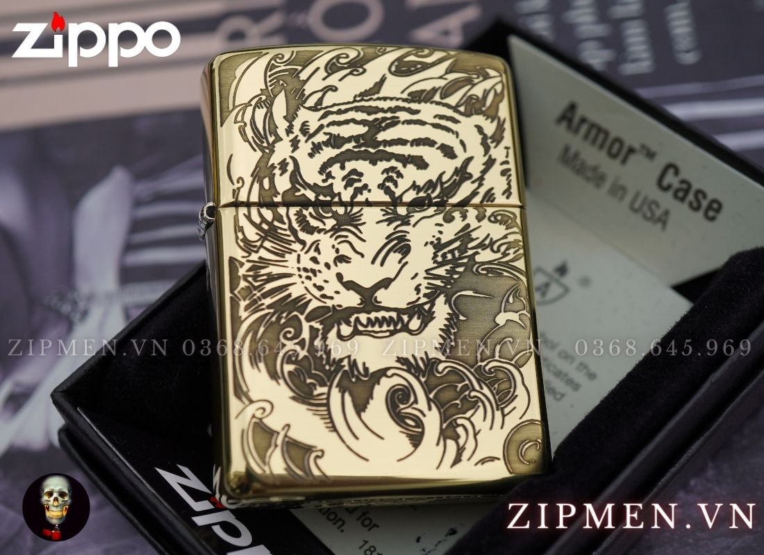 zippo armor cao cấp chủ đèn hình mặt hổ