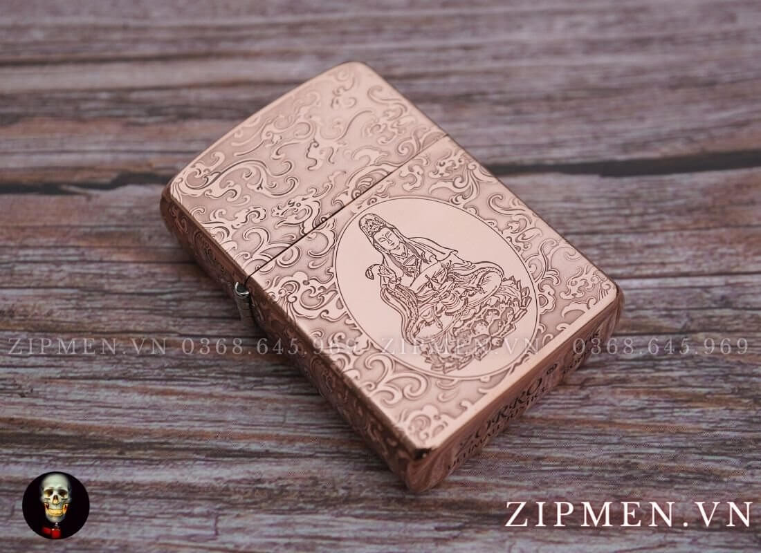 Hộp quẹt zorro copper đồng đỏ nguyên chất chủ đề quan âm bồ tát | Hộp quet chính hãng