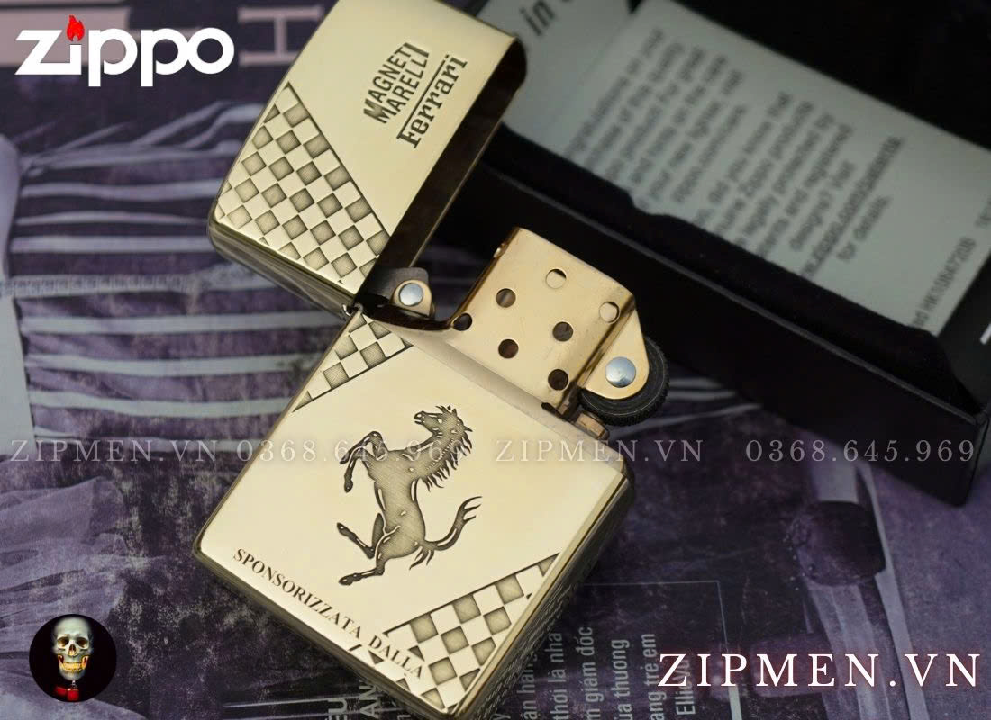 Hộp quẹt zippo usa chính hãng logo Ferrari