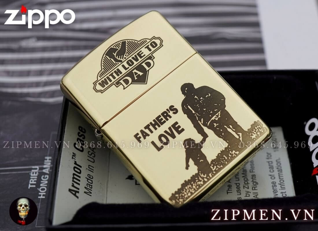 Bật lửa zippo armor đồng nguyên khối chủ đề tình yêu của cha cao cấp | Bật lửa zippo chính hãng