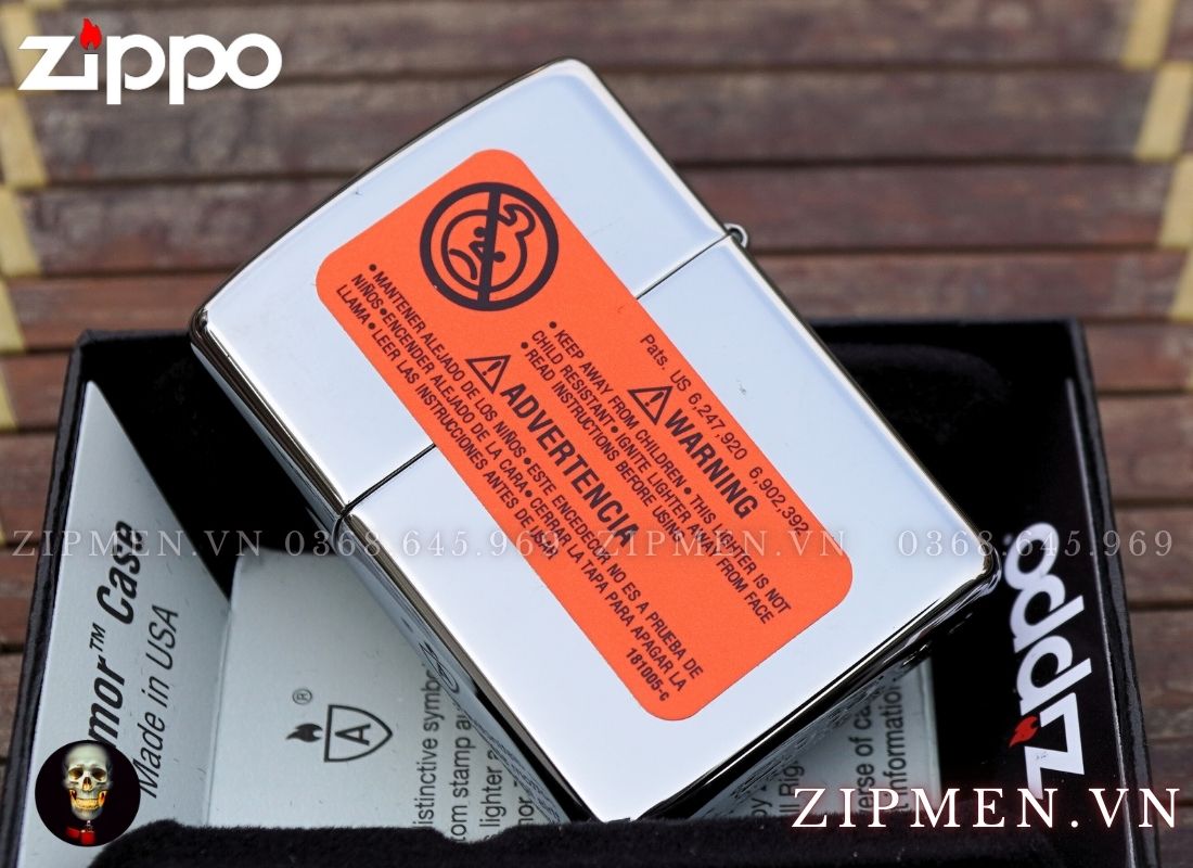 Zippo 46396-Zippo armor trắng bóng logo ngọn lửa