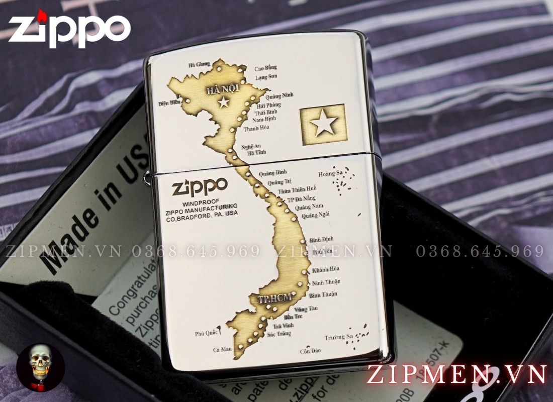 Bật lửa Zippo USA hình bản đồ Việt Nam màu trắng
