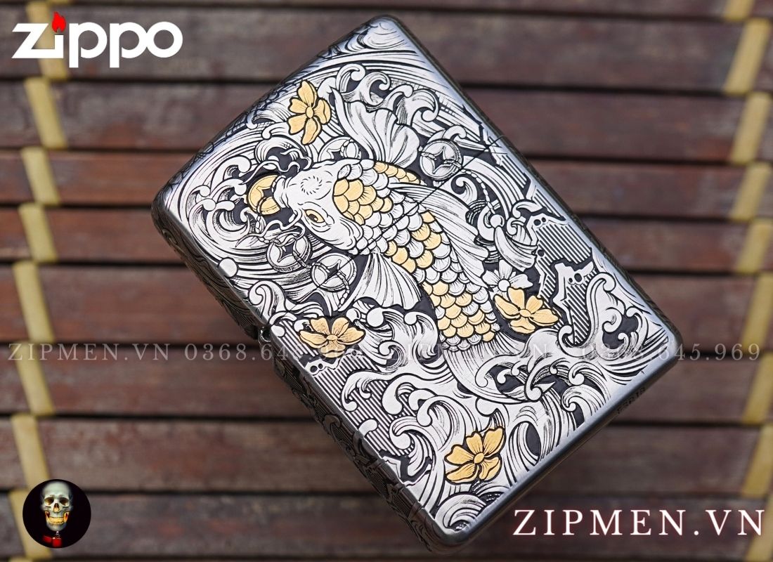 Bật lửa zippo cao cấp xuất Nhật bản bọc thép trắng chủ đề cá chép daruma