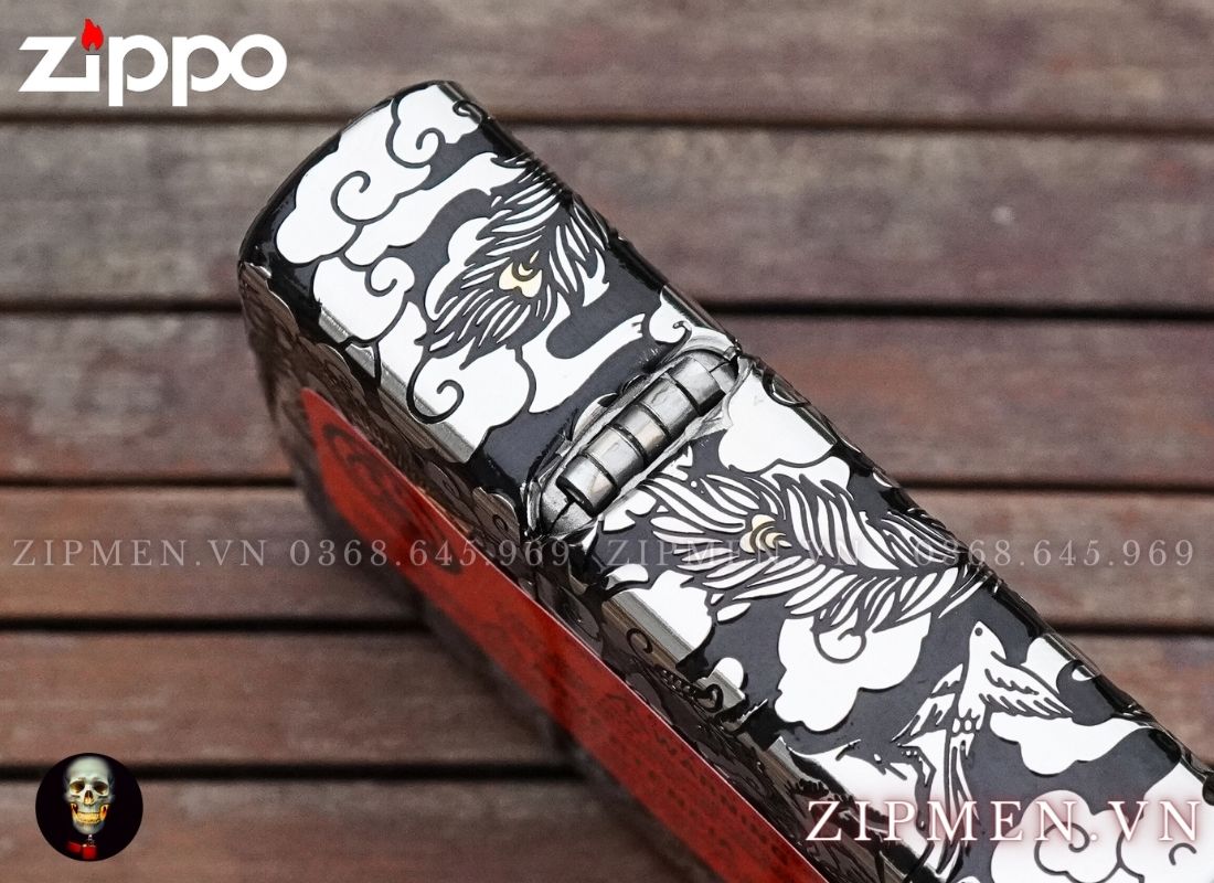 Bật lửa zippo xuất Nhật bọc thép trắng chủ đề chim phượng hoàng