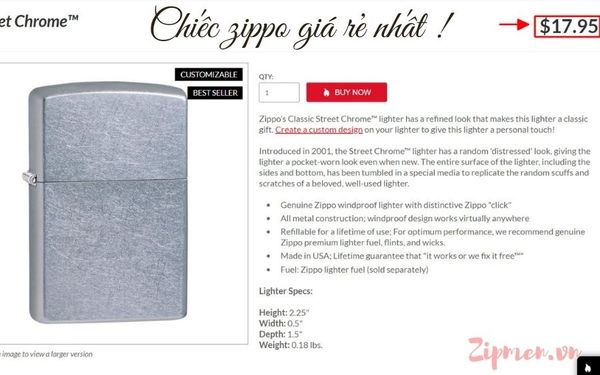 Cây Zippo giá rẻ nhất tại Mỹ