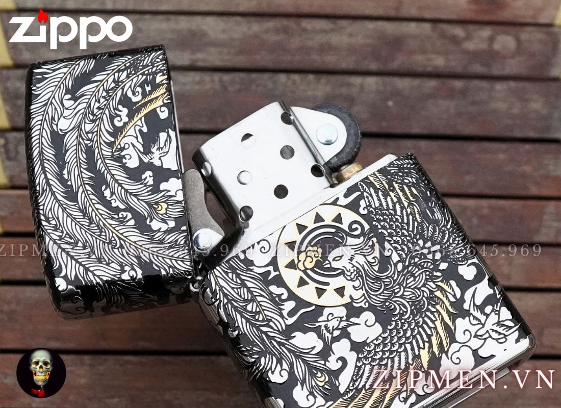 Bật lửa zippo xuất Nhật bọc thép trắng chủ đề chim phượng hoàng