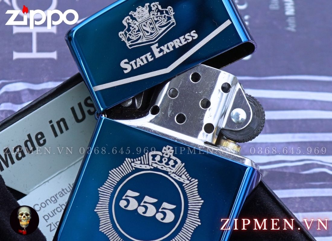 Zippo USA logo bao thuốc 555 xanh Saphire