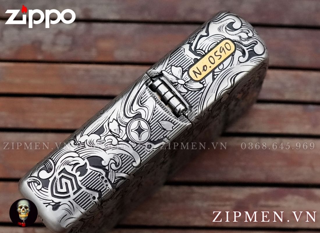 Bật lửa zippo cao cấp xuất Nhật bản bọc thép trắng chủ đề cá chép daruma