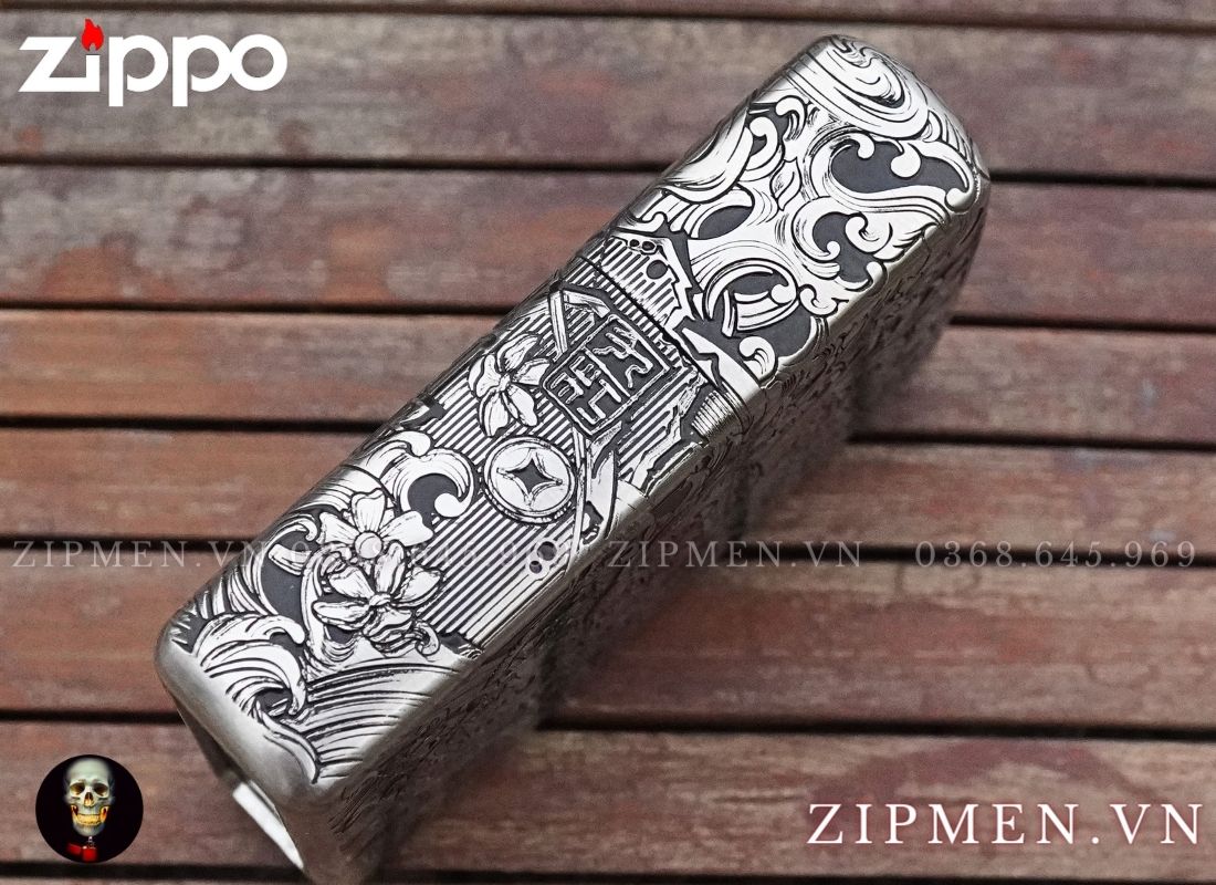 Bật lửa zippo cao cấp xuất Nhật bản bọc thép trắng chủ đề cá chép daruma