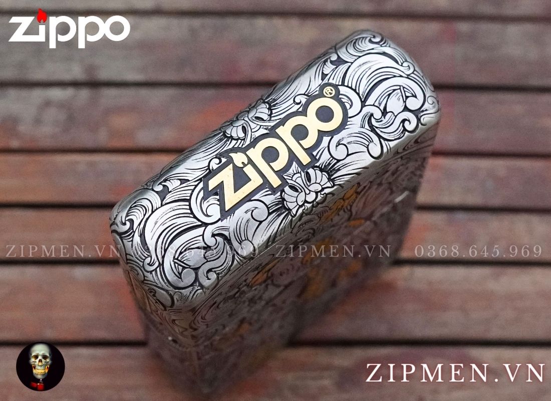Bật lửa zippo cao cấp xuất Nhật bản bọc thép trắng chủ đề cá chép daruma