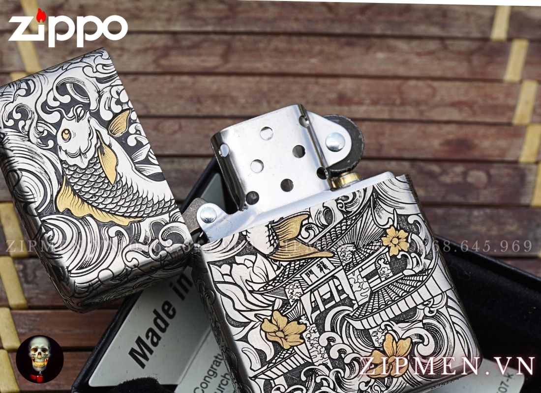 bật lửa zippo cá chép vượt ngũ môn bọc thép xuất Nhật