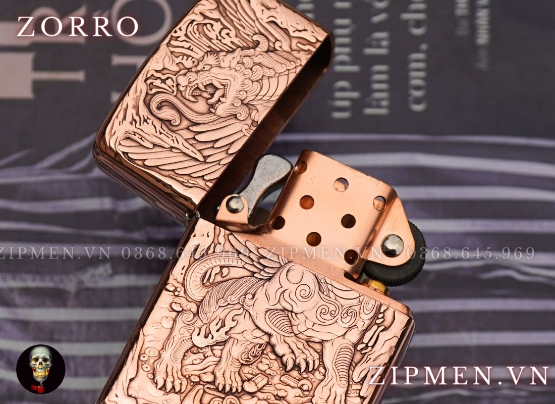 Bật lửa Zorro super copper chủ đề kỳ lân khắc nổi 3D
