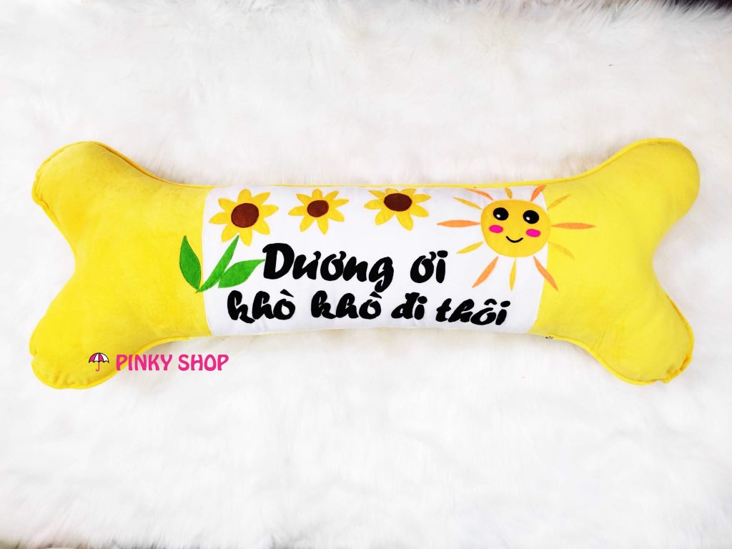 Gối handmade vải nỉ Pinky Shop hình khúc xương tặng cho bé màu vàng hình hoa dễ thương, chữ 