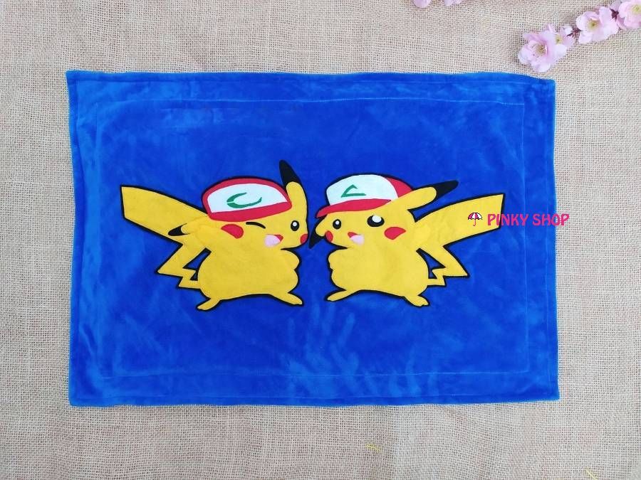 Gối handmade vải nỉ chữ nhật tặng cho bé trai màu xanh đậm hình Pikachu - Mã GHMBT1