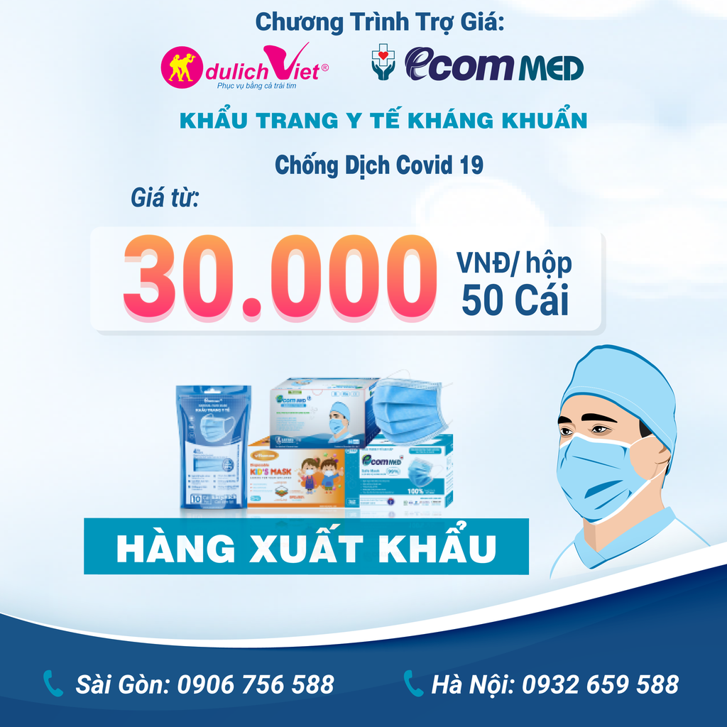 Du Lịch Việt & Ecom Med trợ giá khẩu trang y tế phòng dịch chỉ từ 30.000 đồng/ hộp
