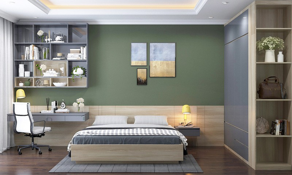 Không gian tích hợp bàn làm việc và giường ngủ với sắc xanh rêu cổ điển, thời thượng