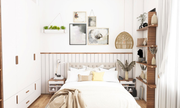 Chất liệu gỗ cho thiết kế tủ, giường giúp không gian tổng thể hài hòa, cân đối