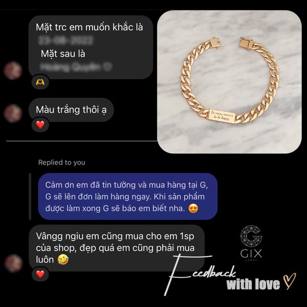 feedback khách hàng đặt vòng tay tại gix jewel